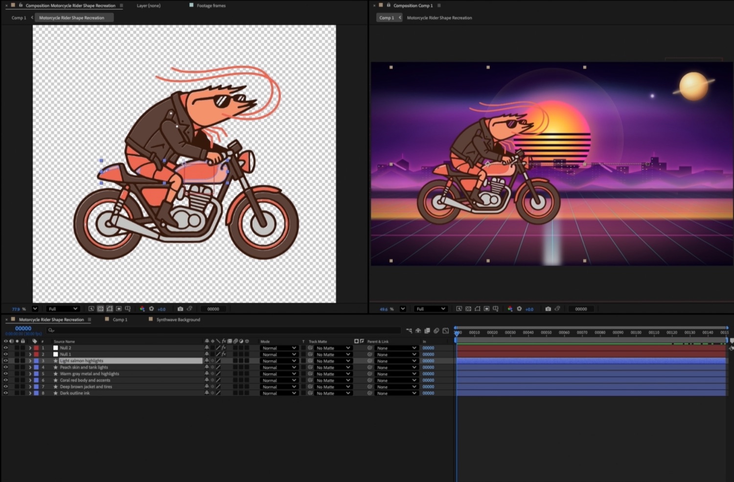 A reference illustration recreated in After Effects as a stack of named, editable shape layers